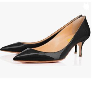 FSJ Black Kitten Heels Pointy Closed Toe Pumps Slip On Office Ladies Party Shoe